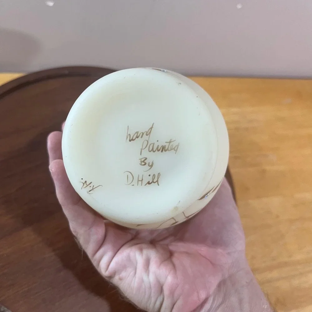 Vtg Fenton Custard Satin Glass Vase Hand Painted Floral D. Hill Ruffled Rim 7